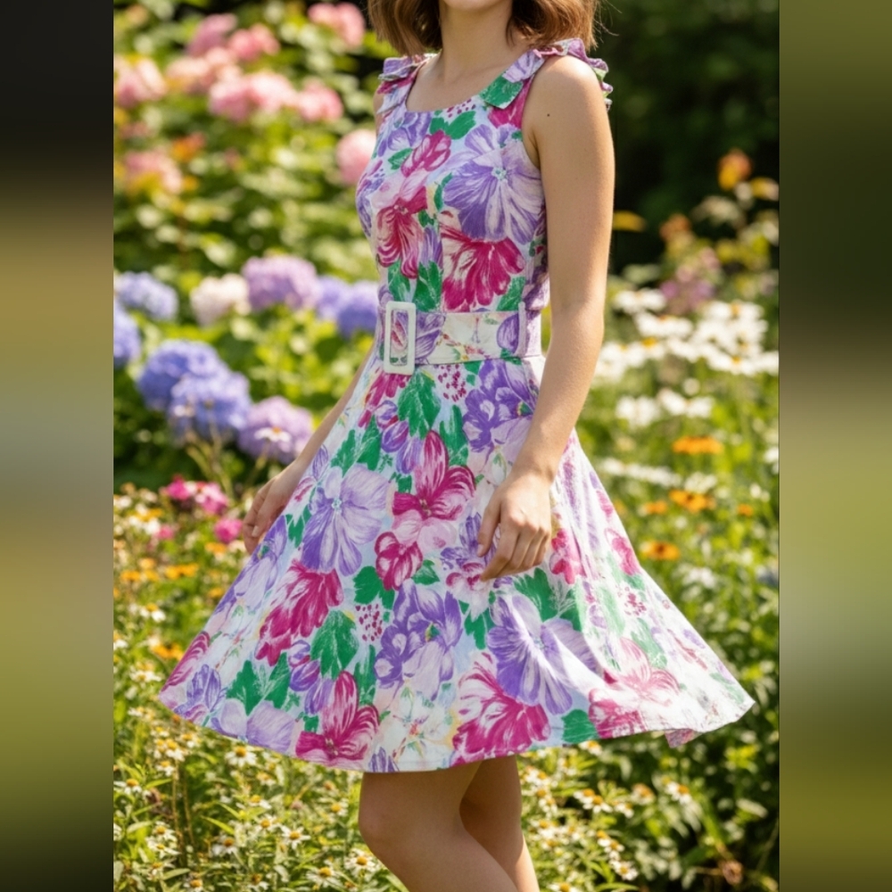 Vintage Multi-Colored Pastel‎ Floral Bow Shoulder Belted Dress Dainty Pastel